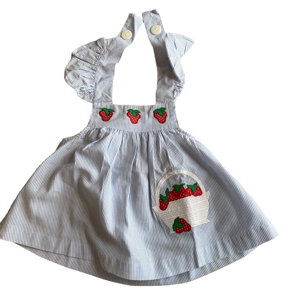 2 JUMPERS WITH BLOMR 6 MO BLUE PINSTRIPE STRAWBERRIES LGHT WEIGHT BUTTON STRAP